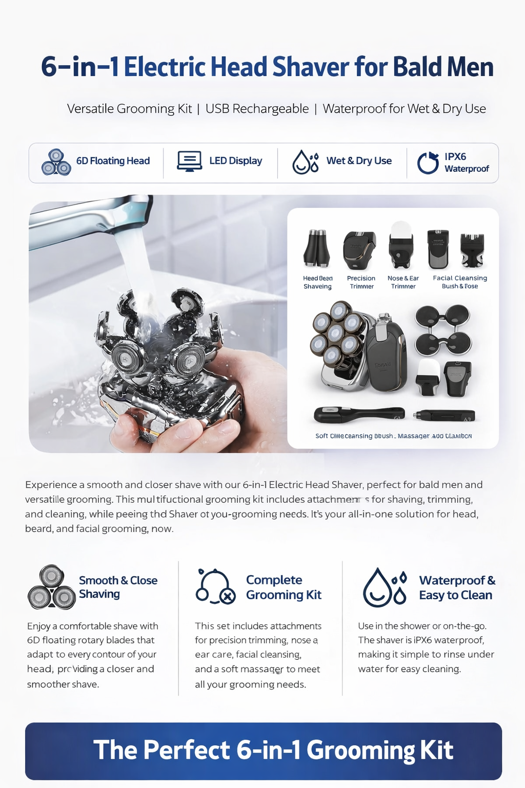 6-in-1 Men's Electric Head Shaver & Grooming Kit, Waterproof, Rechargeable