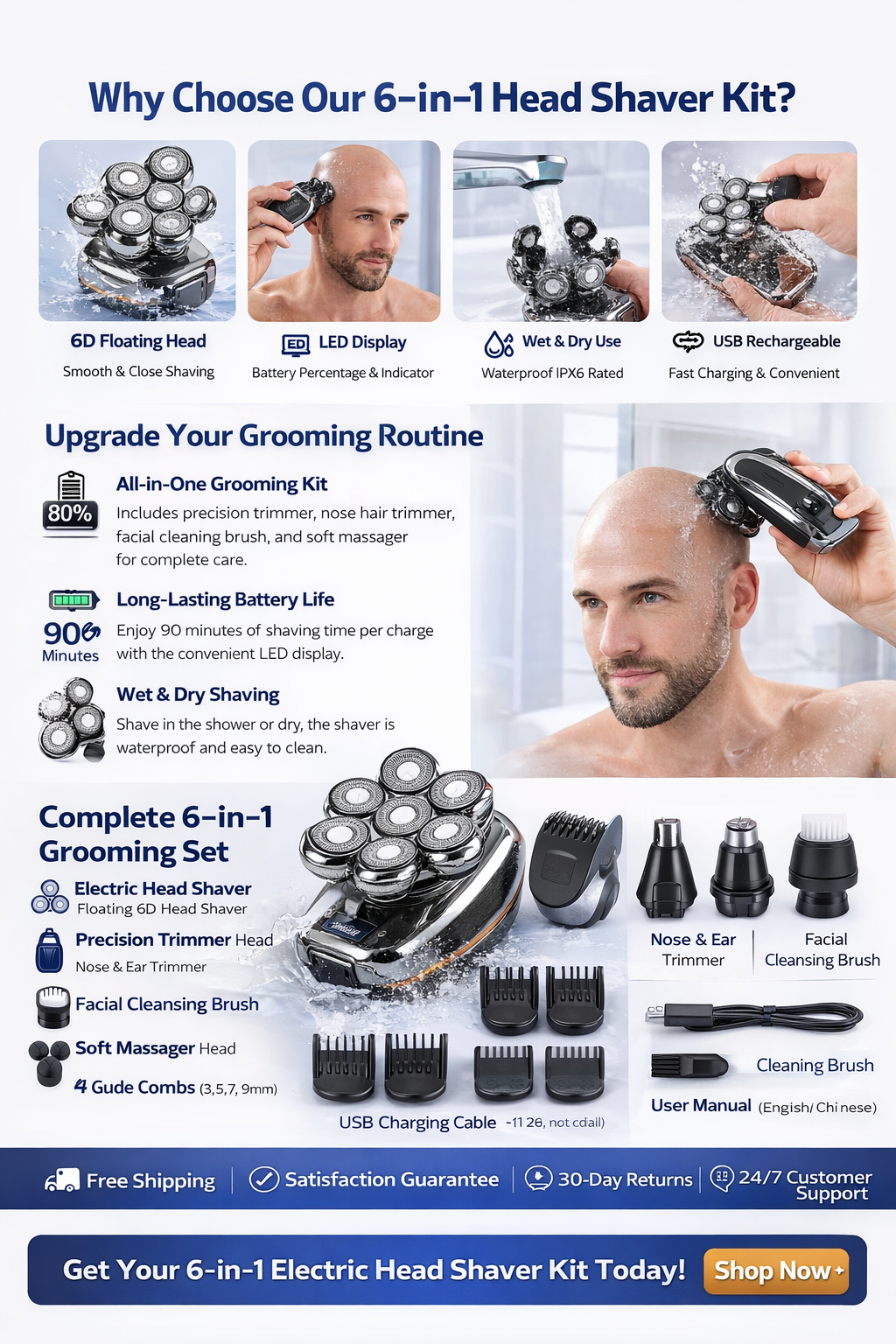 6-in-1 Men's Electric Head Shaver & Grooming Kit, Waterproof, Rechargeable