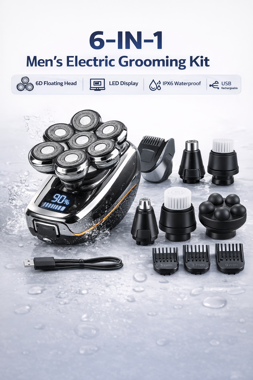 6-in-1 Men's Electric Head Shaver & Grooming Kit, Waterproof, Rechargeable