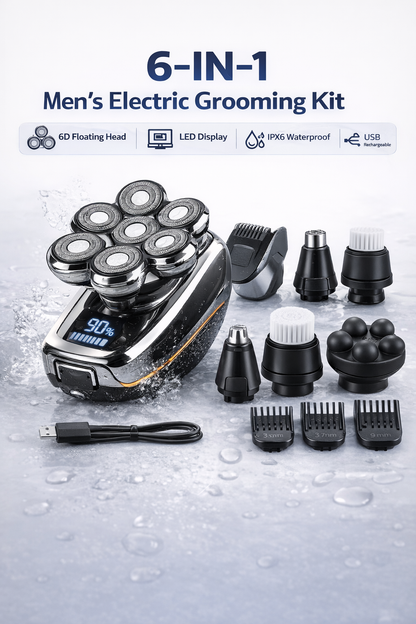 6-in-1 Men's Electric Head Shaver & Grooming Kit, Waterproof, Rechargeable
